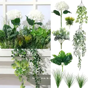 Giegxin 18 Pcs Artificial Plants Outdoor UV Resistant Artificial Fake Bushes for Window Box Greenery Shrub Succulent Hydrangea Flower for Indoor Outdoor Garden Front Patio Yard Porch Decor(White)