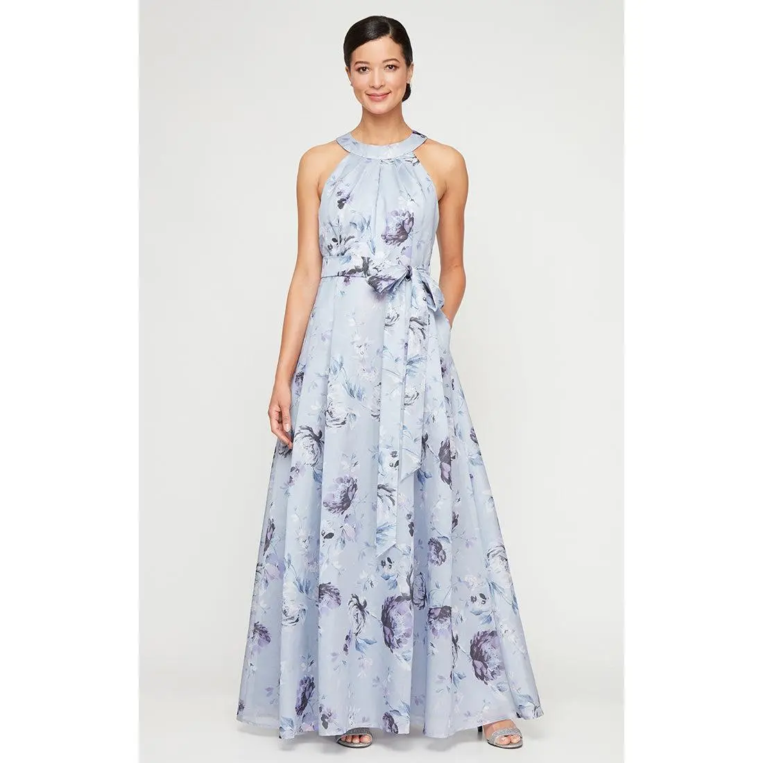 Long Printed Shimmer Organza Dress with Halter Neckline, Full Skirt and Tie Belt