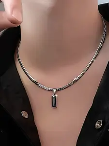 Men'S Fashion Flat Chain Necklace | with Silvery Woven Chain and Black Square Pendant, Casual and Easy Style