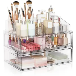 Clear Stackable Makeup Organizer with Drawer, 12''W Acrylic Storage Drawers, Cosmetic Display Case for Vanity Bathroom Countertop, Beauty Holder for Lipstick Brush Skincare Perfume