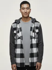 Hooded Plaid Flannel Jacket – Casual Unisex Streetwear Button Up Hoodie Shirt