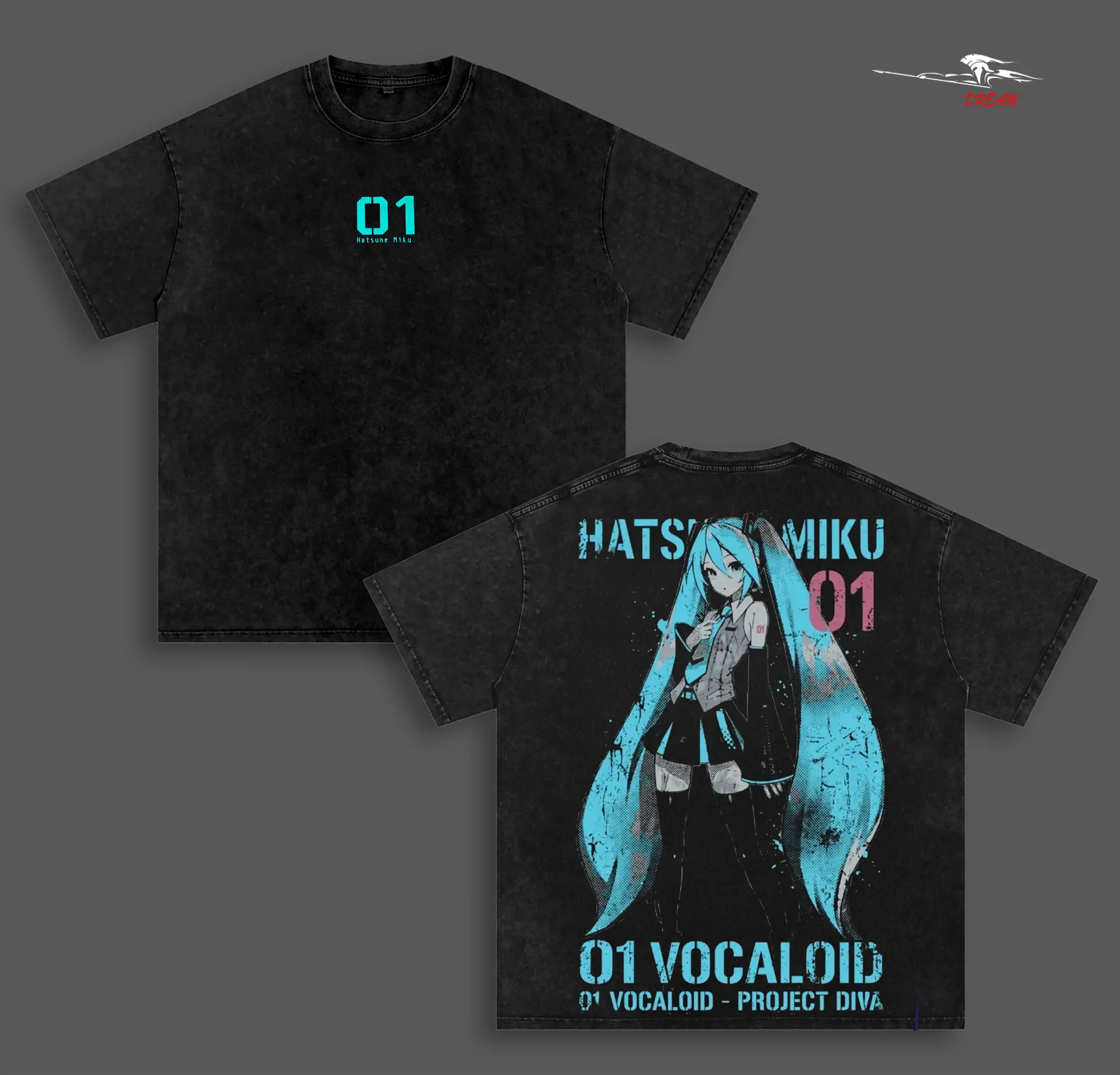 Hatsune Miku Anime Double Printed Vintage Washed Tee Unisex Oversize Heavyweight Cotton T-shirt for Anime Fans and Lovers