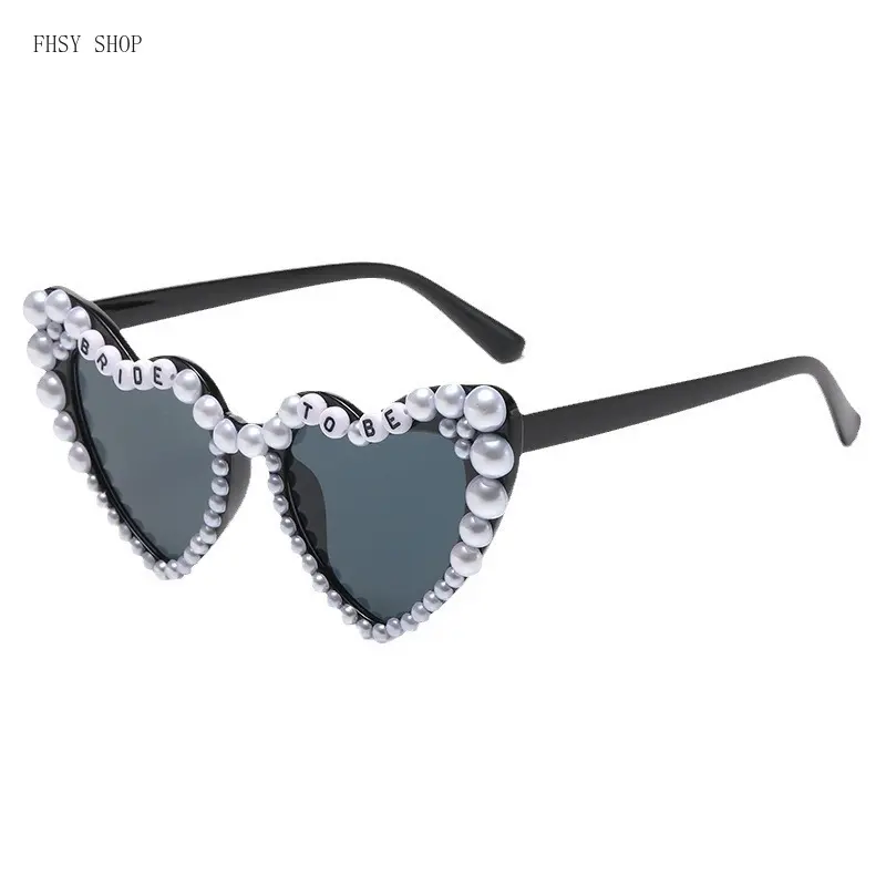 FHSY SHOP Women's Black Heart Bridal Pearl Sunglasses - Unisex Square Full Rim Frames, UV400 Sun Protection Non-Prescription Lenses, Edgy Fashion Eyewear, Bachelorette Party Accessory, Uv400 Lens