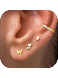 4Pairs Gold Stud Earrings for Women Trendy Flat Back Earrings Hypoallergenic Earring Stacks Gold Studs for Helix Cartilage Piercing Jewelry Cz Opal Butterfly Flatback Earring