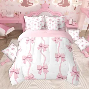 Cute Bow Comforter Set 7 Pieces Watercolor Bow Bedding Set Girls Dreamy Princess Style Bed in a Bag All Season Quilted Breathable Soft Lightweight