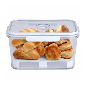 Kitchen countertop bread storage box, transparent food-grade plastic container with lid and date tracker. Equipped with portable handle and detachable drain tray, made of BPA-free safe material. Ideal for homemade bread, toast, bagels, cookies