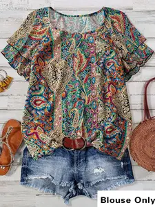 【Plus Size】 Paisley Print Blouse, Boho Casual Short Sleeve Top for Daily Holiday Vacation Wear, Women Plus Clothing for Summer