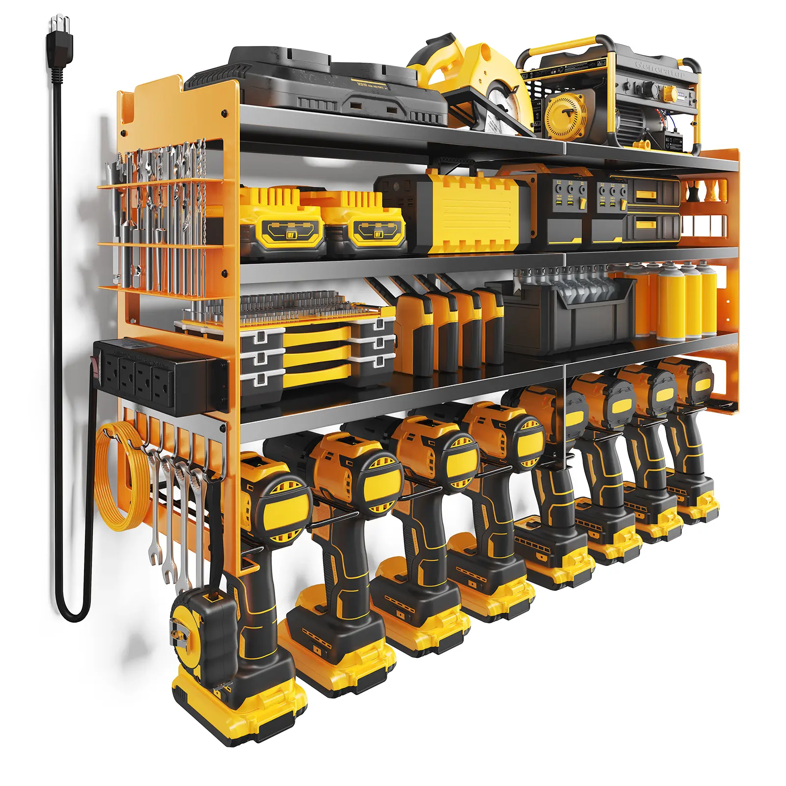 DUMOS Heavy Duty Power Tool Organizer Rack Wall Mount, 33" Garage Organization and Storage Rack with 4-Outlet Power Strip, 3-Tier Metal Tool Shelf & 8 Drill Holder Slots, 600 LBS Capacity Utility Rack for Workshop