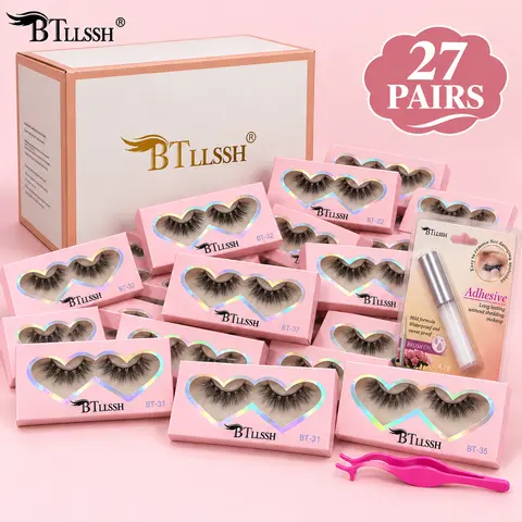 BTLLSSH 18mm Faux Mink Lashes 3 Style False Eyelashes 100% Handmade Luxurious Fake Eyelashes Lightweight False Eyelashes 27 Pairs Pack Makeup Cosmetic Mascara
