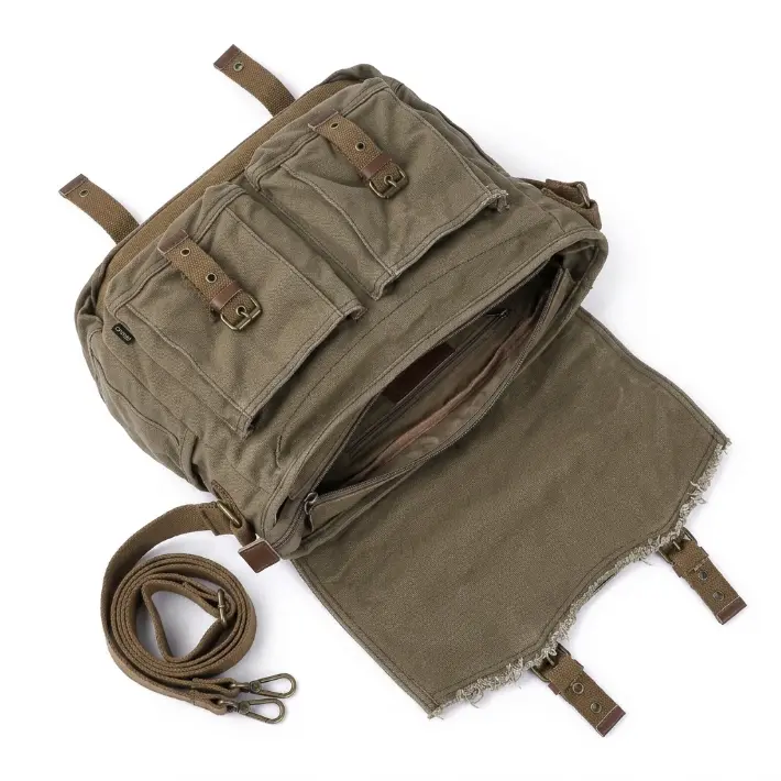 Gootium Men's Vintage Frayed Edge Canvas Messenger Bag - Plain Minimalist Retro Preppy Chic Crossbody Shoulder Bag with Heavy-Duty High-Capacity Cow Hide Leather Contrast Trim, Zip & Flap Closure, Adjustable Reinforced Strap