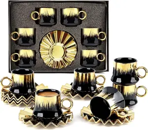 [SMALL SIZE] Cappuccino Cups with Saucers,3.4 oz Ceramic Turkish Coffee Cup With Gold Trim,Black Gift Box with Window,Espresso Cups Set of 6 for Cappuccino, Latte, Mocha, Au Lait, Double Espresso,Black