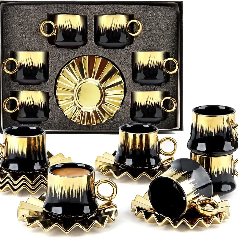 Small Size Porcelain Coffee Set (6-Piece, 3.4oz), Black and Gold Trim Ceramic Drinkware with Saucers, Gift-Box Window Packaging, Gift-Ready for Cappuccino, Mocha