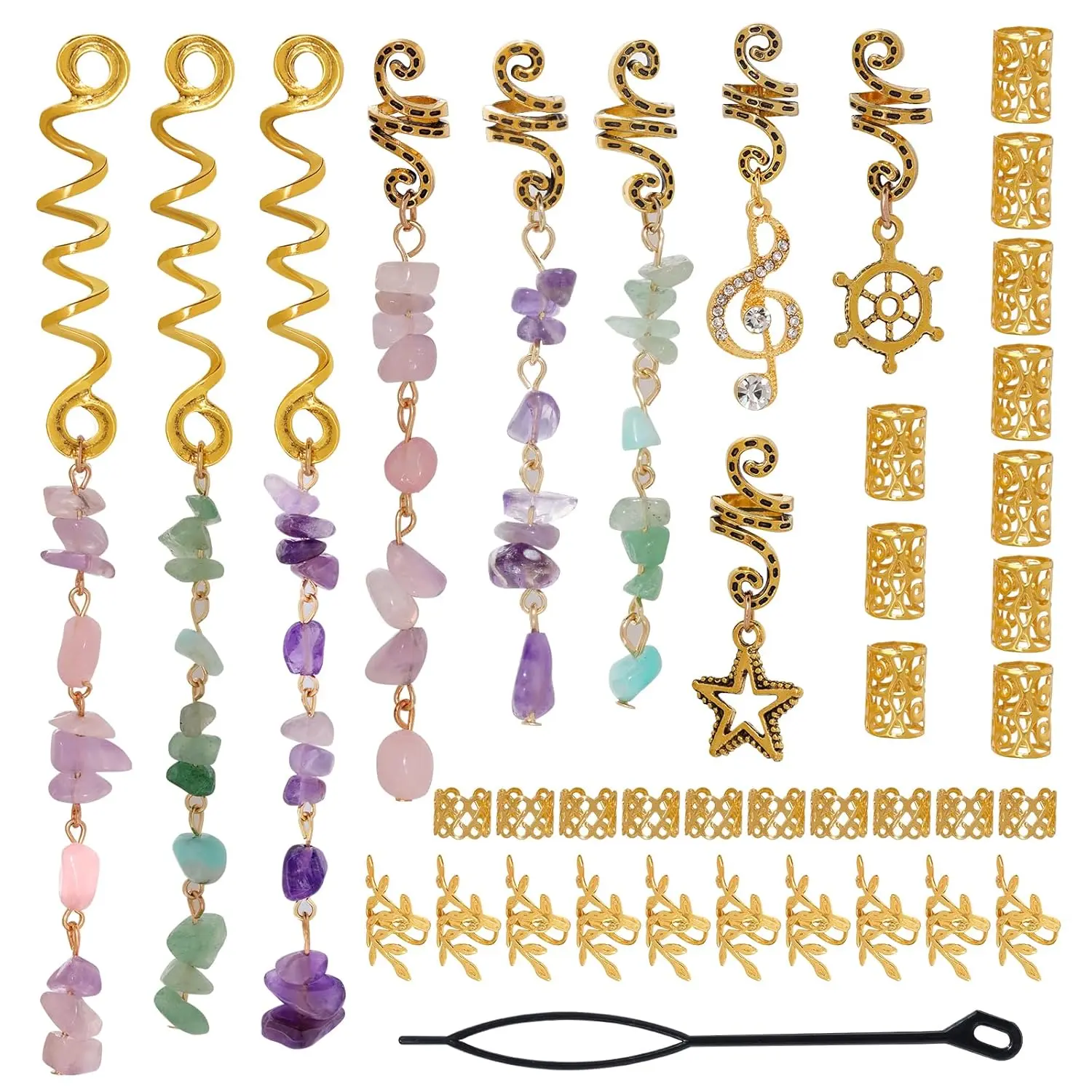 40 count Hair  for Braids,   Colored  Stone Hair Braid Accessories Metal Hair Charms  Loc Dreadlock Spirals Cuffs Rings for Women Girls  Festival Hairstyle Decoration