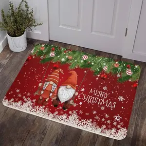 Merry Christmas Gnome Flannel Door Mat, Swing Gnome & Snowflake Design Non-Slip Floor Mat, Indoor Outdoor Welcome Mat for Home Entryway Holiday Decor