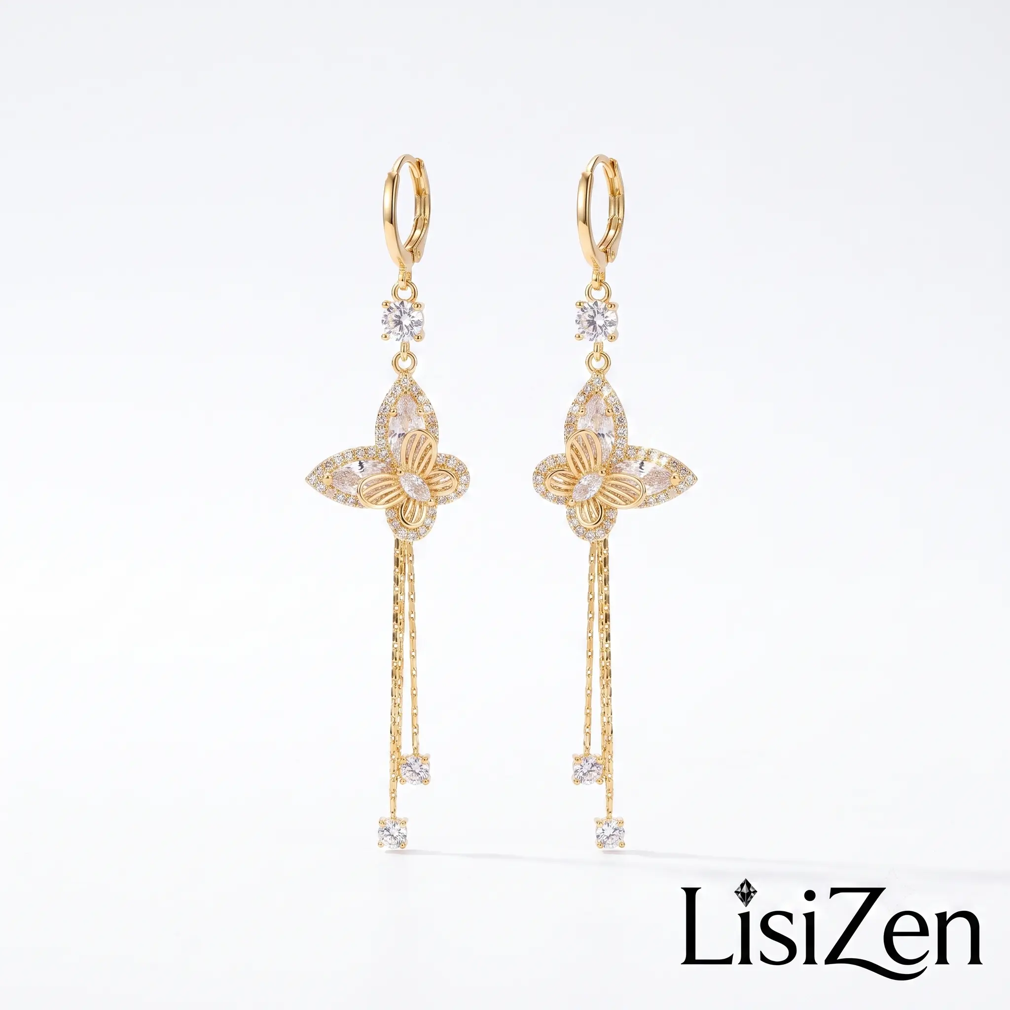LisiZen Original Design Gold Hook Long Double-Layer Butterfly Dangle Earrings DZEH6336