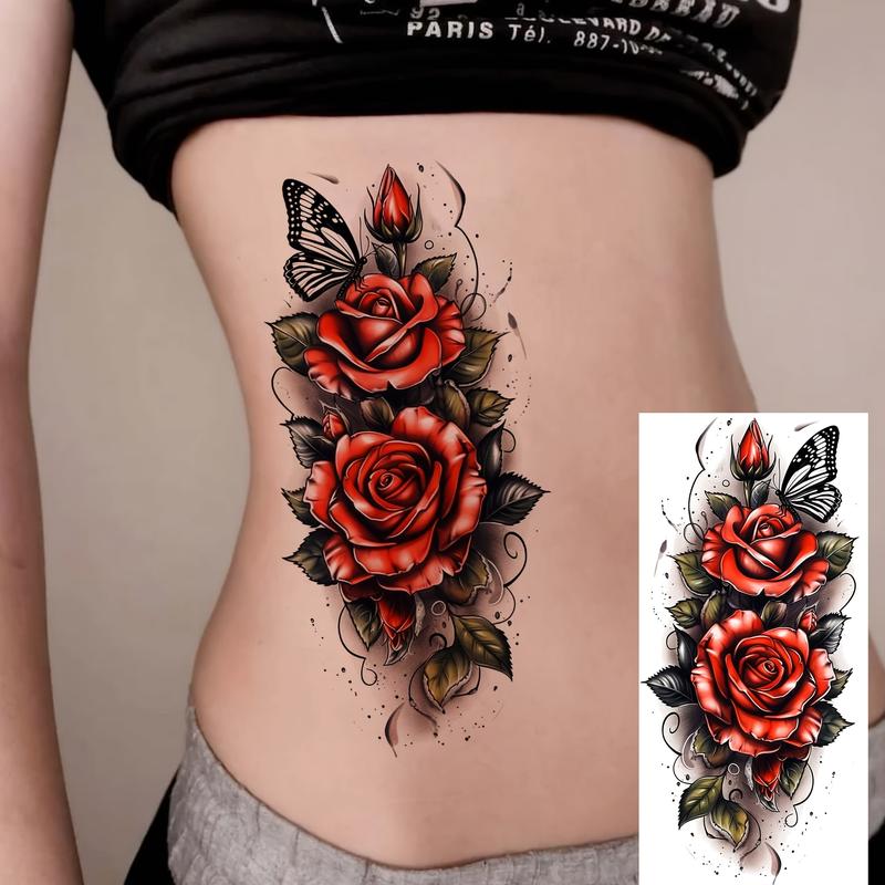 Butterfly & Red Rose Assorted Pre-Packaged Temporary Tattoos - Nontoxic, Realistic, Waterproof, Glitter, Solid, Casual, Unscented, 6 Stickers (3 Fixed, 3 Random Designs) - Party Favors for Adults, Suitable for Face, Legs, Ears, Ankle