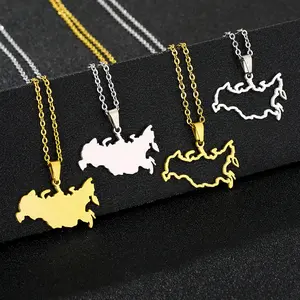 Stainless steel Russian map necklace world necklace hollow glossy pendant necklace men and women couples versatile ethnic style collarbone chain jewelry