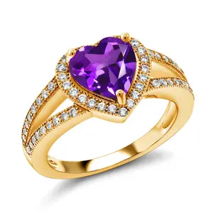 18K Yellow Gold Plated Silver 8MM Heart Gemstone Birthstone and White Moissanite Accents Halo Ring for Women | Elegant Split Shank Design | Fine Jewelry for Anniversary Wedding Engagement Promise