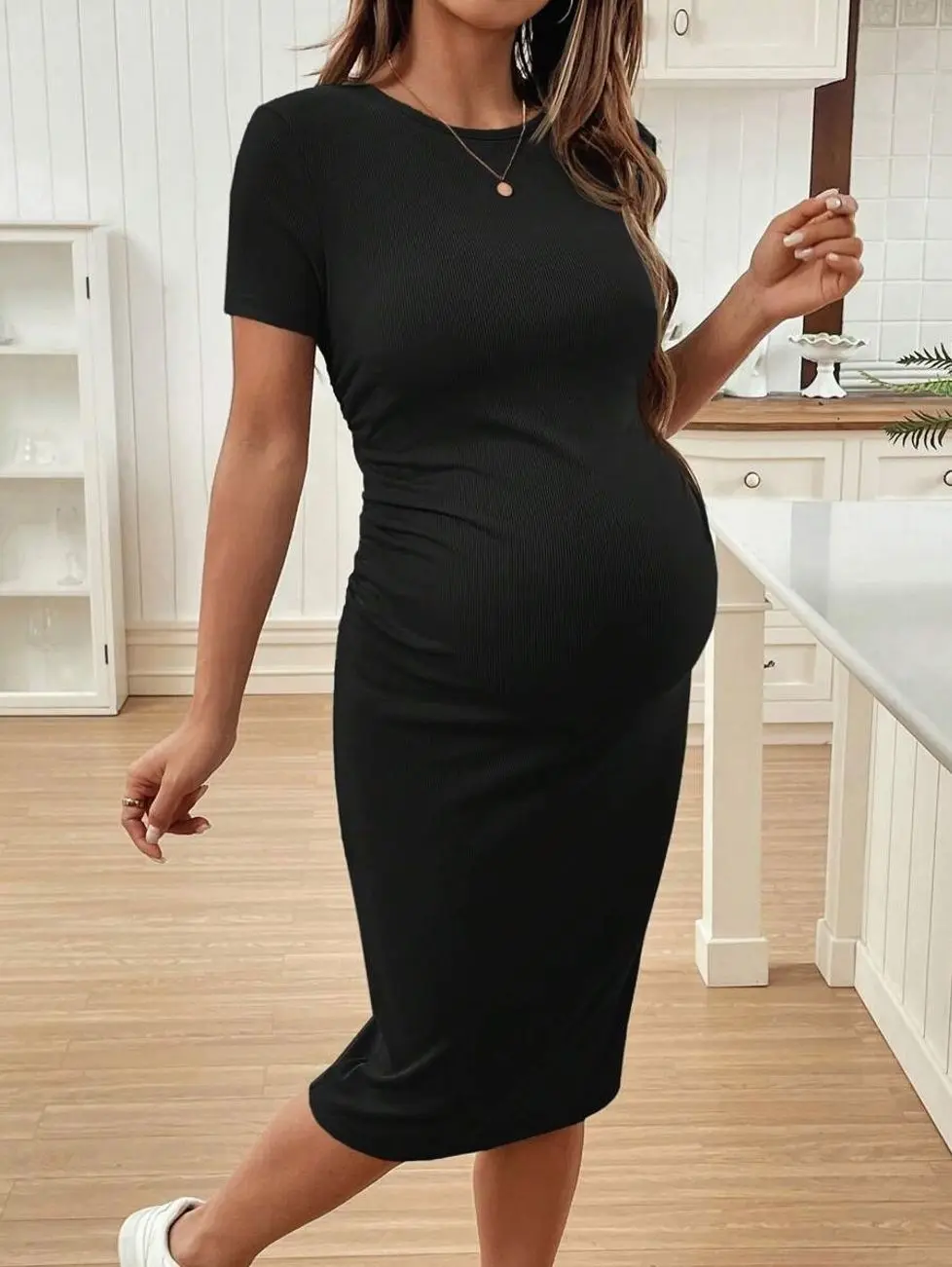 Maternity Fitted Bodycon Dress, Stretchy Crew Neck Short Sleeve Pregnancy Summer Casual