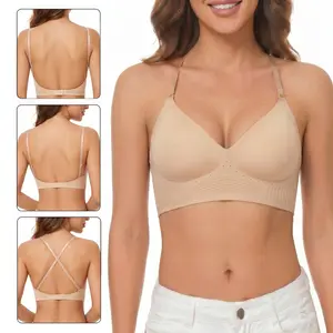 LUCKMEEY Low Back Bras for Women Seamless Invisible Backless Bra Lightly Lined Demi Multiway Bra Multiway Straps Convertible Halter Bra Everyday