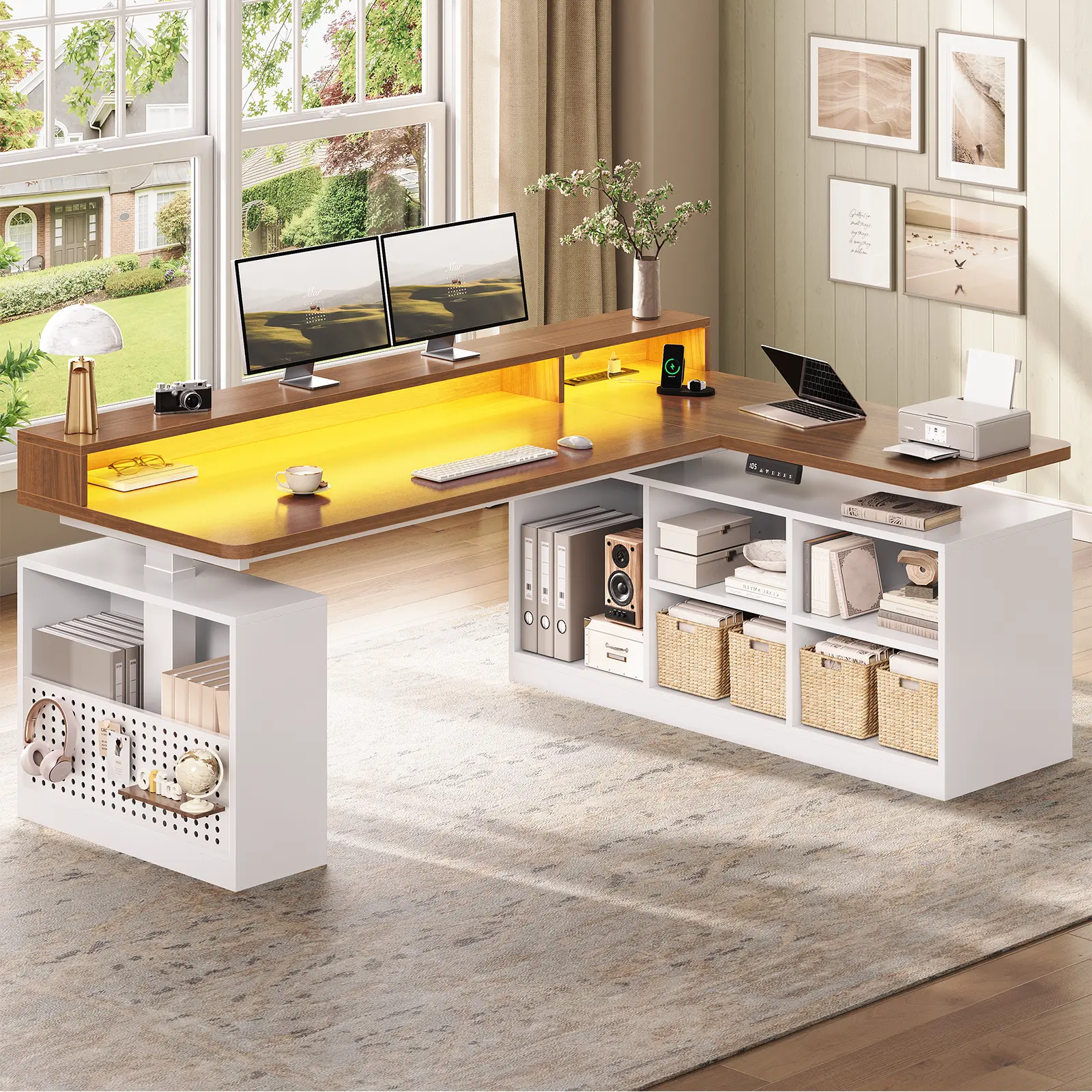 Sedeta 63x39.3in L-Shaped Electric Height-Adjustable Sturdy Computer Desk - Wood Workstation with Storage Shelves, LED Lights, Power Outlet with USB Ports, Pegboard, Drawers, Armoire for Gaming, Office Use to Reduce Back and Neck Strain