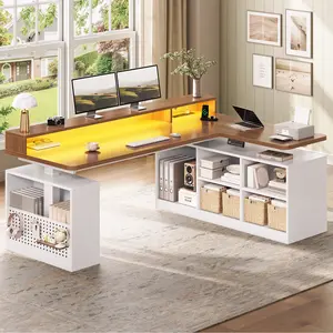 Sedeta 63x39.3" L-Shaped Height Adjustable Electric Standing Desk, Sturdy Computer Desk with Wooden Top, Storage Shelves, LED Lights, Power Outlet, Pegboard, Wood Drawers for Gaming, Office Use