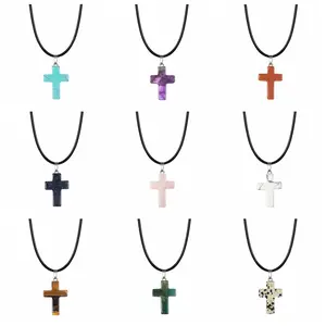 Natural Stone Cross Pendant Necklace Women Men 18inch Black Leather Cord Custom Crystal Choker Chakra Jewelry Findings