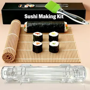 Complete Sushi Making Kit for Beginners: Includes Clear Sushi Bazooka Roller & Bamboo Mat, Easy DIY Tool Set for Homemade Rolls at Home or Parties