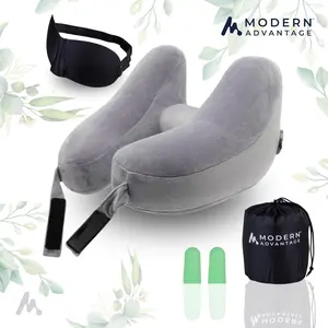 Inflatable Travel Neck Pillow - Traveling Support for Head, Neck, Chin, and Shoulder When Sleeping on Airplane, Train, Car, Bus - Compact, Easy to Inflate and Deflate (Gray)