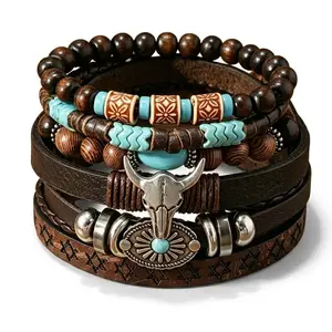 6Pcs Western Cowboy Style Faux Turquoise Beaded Bracelets Set, Elegant Stackable Wrap Wristband Multi-Layer Jewelry for Country Concerts, Cowgirl Outfits & Bohemian Jewelry(no box)
