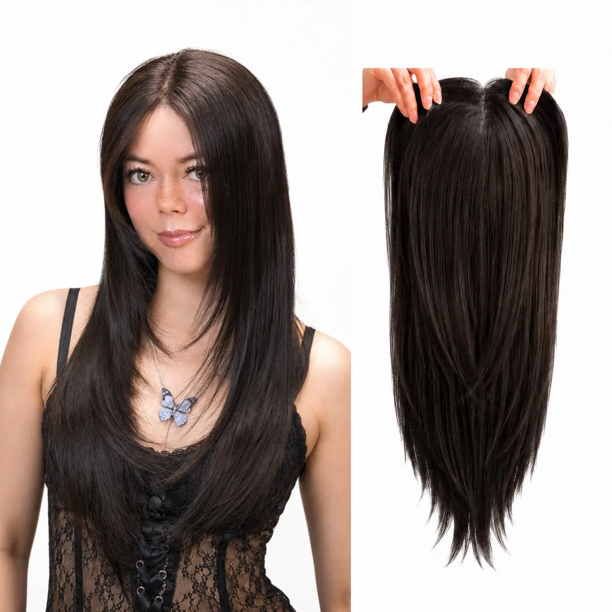 Full Coverage Hand Tied Hair Topper Cap-Free Wig No Glue or Wig Cap Needed Natural Hairline Blends Seamlessly with Your Hair Instant Volume&Length No Excess Lace, No Glue, No Hassle More Coverage Than a Topper, Easier Than a Wig | Instant Hair Enhancer