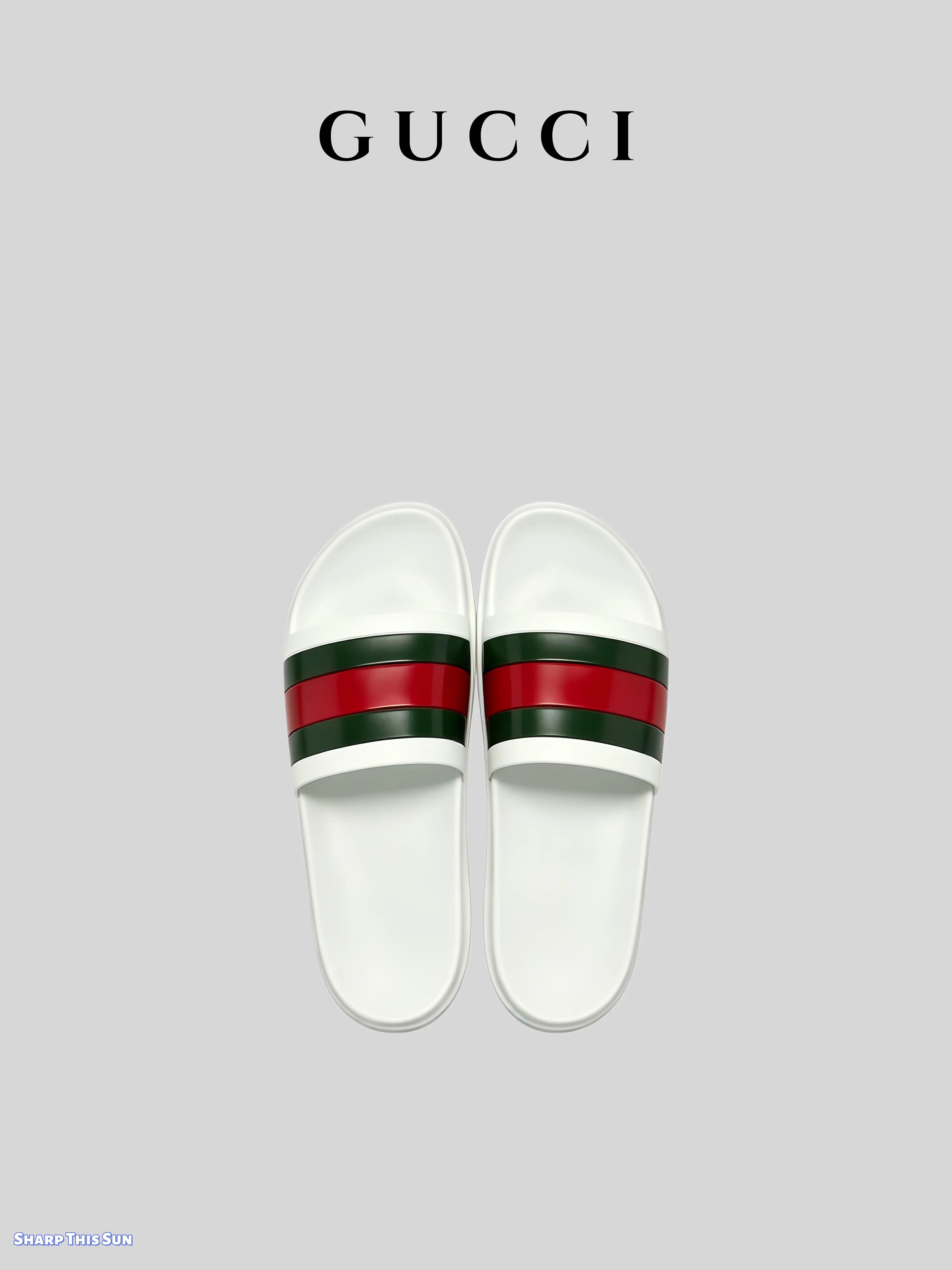 White Slide Sandals with Red-Green Striped Strap, Smooth Lightweight Rubber Material, Flat Cushioned Footbed for Beach, Daily Casual Wear (Sports Collectibles Accessories)