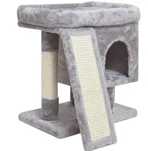 Small Cat Tree for Indoor Cats, Cat Tower with Scratching Post, Modern Activity House for Large Cats, Condo with Board, Kittens Cave (Light Grey)