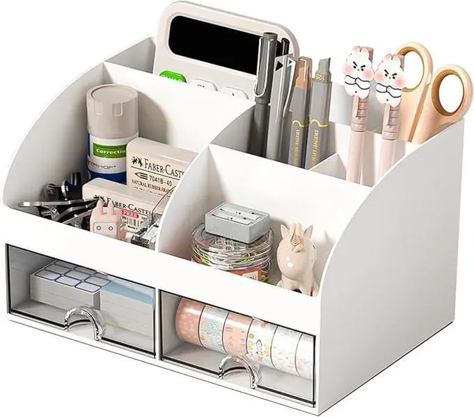 White Multi-Purpose Desk Organizer – 6 Compartments with 2 Drawers for Office Supplies, Cosmetics & Desktop Storage