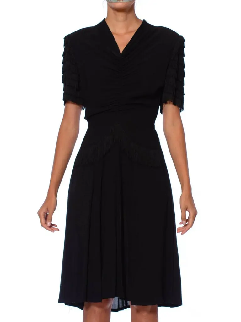 1940S Black Rayon Crepe Shirred Front Dress With Fringe Sleeves
