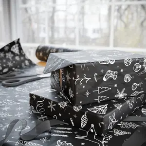 Black Christmas Doodle Gift Wrapping Papers - Custom Holiday Gift Wrap