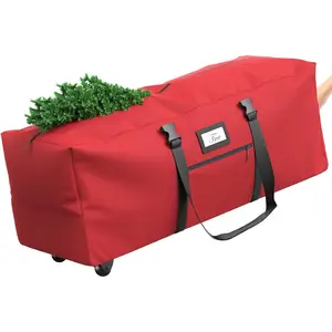 Rolling Christmas Tree Storage Bag for 9 ft Artificial Tree, 600D Waterproof Oxford Fabric, Large Christmas Tree Bag with Dual Zipper, Wheels, Handles, Heavy Duty Xmas Storage Container - Red