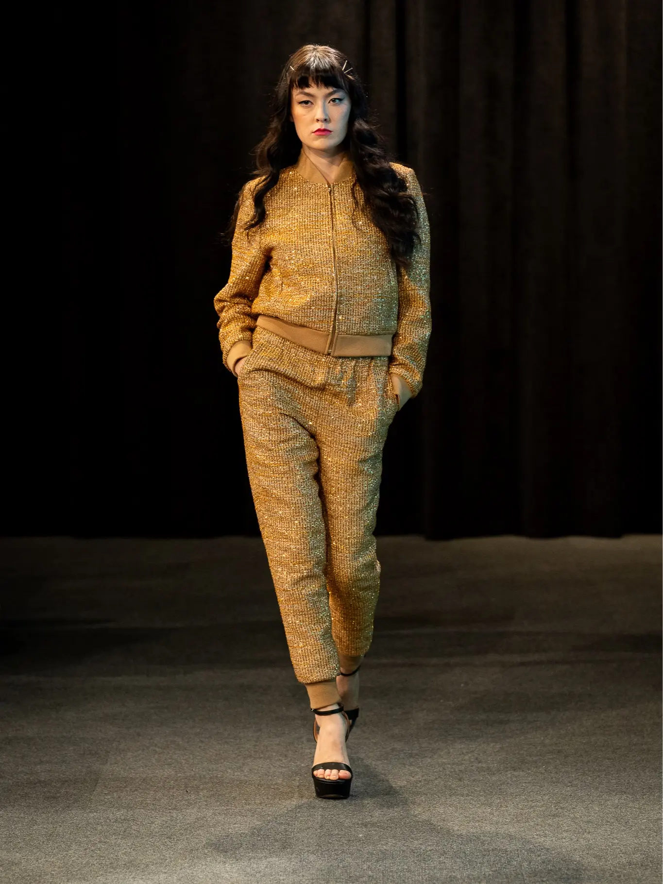 GoldStar GoldStar Tracksuit - Luxury Women's Metallic Tweed Bomber Jacket & Tapered Pants Set with Gold Lurex & Sequins
