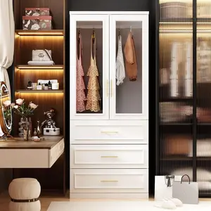 FUFU&GAGA Wardrobe Closet with 2 Glass Doors & 3 Drawers,Armoire with Hanging Rod, Gold Metal Handles, Bedroom Closet White (31.7”W x 19.3”D x 74.9”H)