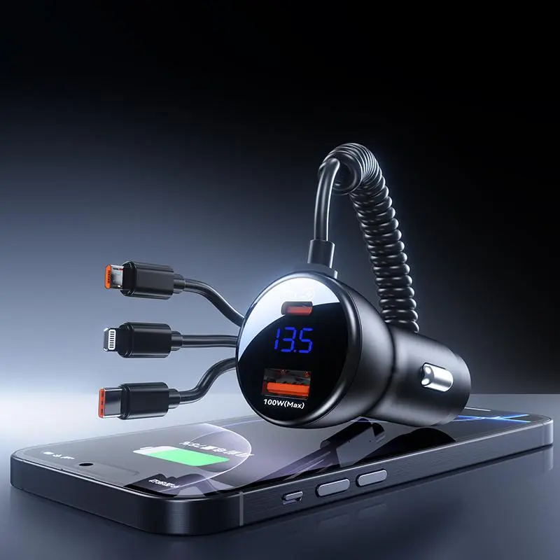 100W PD3.0&QC3.0 5-in-1 Retractable Car Charger, 4FT Built-in USB-C Cable, Dual Ports, 80% Charging Efficiency, Intelligent Chip, CE Certified, 12V~24V for iPhone, Samsung Devices, Car Chargers, Cars Accessories