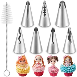 7 count Pleated Skirt Piping Tips Set, Stainless Steel Cake Decorating Tips Nozzle Piping Set Frosting Icing Tips with Cleaning Brush for Pastry Fondant Cupcakes Cake Decorating