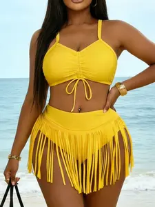 Women's Plus Size New Pure Color Drawstring Fringe Bikini Set, Summer Swimsuit Set, Perfect for Beach, Pool, and Sea, European and American Style