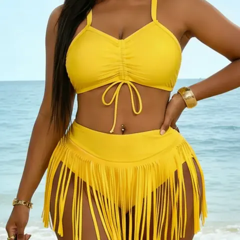 Women's Plus Size Solid Color Drawstring Fringe Bikini Swimwear Set, 2-Piece Tie Swimsuit, Drawstring Swimsuits, Swimsuit Sets, European and American Style, Summer Bikini Beach, Perfect for Beach, Pool and Sea