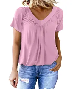 Women's Short Sleeve V Neck Shirts Casual Loose Pleated Blouses Summer Basic Cotton Tunic Tops