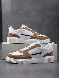 Men's Retro Street Style Thick Sole Sneakers, Colorblock Stitching + Geometric Patchwork, Anti-Slip Eva Sole, Lightweight Breathable, Casual Shoes