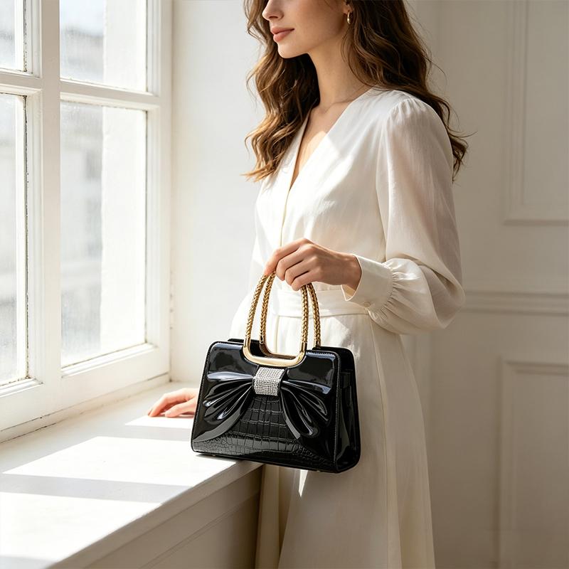 Women’s glossy leather handbag with top handle — medium-structured shoulder/handbag with adjustable strap