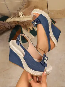 Women's Denim Bow Wedge Sandals, Fish Mouth Rhinestone Braided Sole High Heel Sandals, Buckle Anklet Summer Casual Shoes