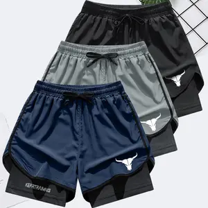 Men's Letter & Bull Head Print 2 in 1 Double Layer Drawstring Waist Gym Shorts, Regular Fit Casual Comfortable Breathable Quick Drying Anti-Exposure Pocket Shorts for Gym Workout Running, Men's Bottoms for Summer