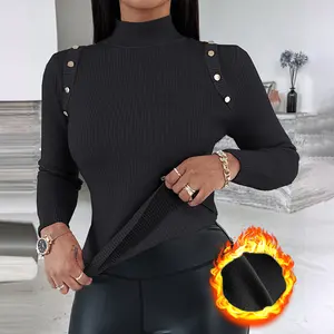 2026 ChicMe Women's High Neck Knit Sweater Fleece Lined Front Button Basic Layering Soft Thermal Top