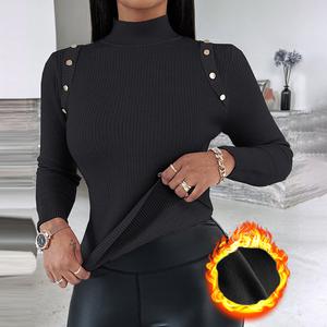 2026 CHICME Women's High Neck Knit Sweater Fleece Lined Front Button Basic Layering Soft Thermal Top